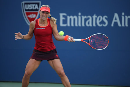 NEW YORK - SEPTEMBER 5, 2015: Professional tennis player Angelique Kerber of Germany in action during US Open 2015 third round match at Arthur Ashe Stadiumのeditorial素材