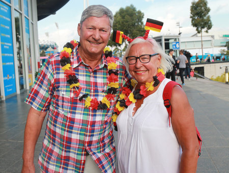 MELBOURNE, AUSTRALIA - JANUARY 30, 2016: German tennis fans before women s final match at Australian Open 2016 at Australian tennis center in Melbourne Parkのeditorial素材