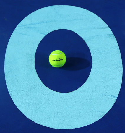 MELBOURNE, AUSTRALIA - JANUARY 31, 2016: Iconic Melbourne sign at Rod Laver Arena with Wilson tennis ball with Australian Open logo at Australian tennis center in Melbourne Parkのeditorial素材