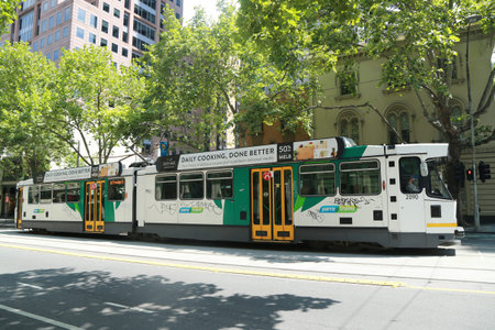 MELBOURNE, AUSTRALIA - JANUARY 29, 2016: Modern Melbourne Tram the famous iconic transportation in the town.のeditorial素材