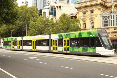 MELBOURNE, AUSTRALIA - JANUARY 29, 2016: Modern Melbourne Tram the famous iconic transportation in the town.のeditorial素材
