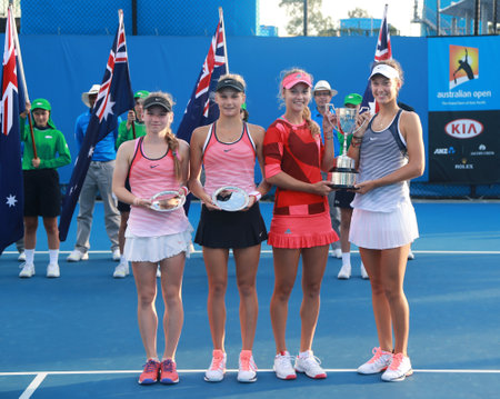 MELBOURNE, AUSTRALIA - JANUARY 30, 2016: Junior tennis players A.Zarytska L UKR ,D. Yastremska UKR, T. Mihalikova SVK  and A. Kalinskaya RUS during trophy presentation at Australian Open 2016のeditorial素材