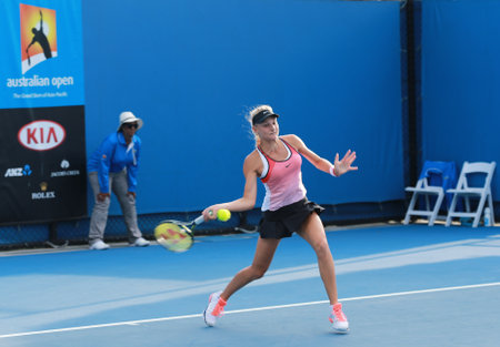 MELBOURNE, AUSTRALIA - JANUARY 30, 2016: Junior tennis player Dayana Yastremska of Ukraine in action during her doubles final match at Australian Open 2016 in Melbourne Parkのeditorial素材