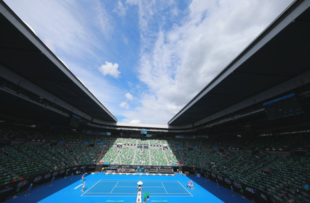 MELBOURNE, AUSTRALIA - JANUARY 31, 2016: Rod Laver arena during Australian Open 2016 match at Australian tennis center in Melbourne Park. It is the main venue for the Australian Open since 1988のeditorial素材