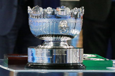MELBOURNE, AUSTRALIA - JANUARY 30, 2016: Australian Open women's doubles trophy on display after women s doubles final match at Australian Open 2016のeditorial素材
