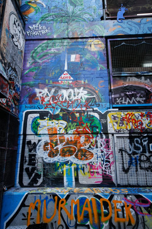 MELBOURNE, AUSTRALIA - JANUARY 25, 2016: Graffiti art by artist Mike Makatron at Hosier lane in Melbourne. Hosier lane is famous for its street graffiti arts made by local artists.のeditorial素材