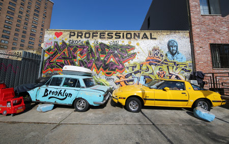 NEW YORK - MARCH 8, 2016: Graffiti art in Brooklyn. Outdoor art gallery known as the Bushwick Collective has most diverse collection of street art in Brooklynのeditorial素材