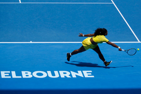 MELBOURNE, AUSTRALIA - JANUARY 24, 2016: Twenty one times Grand Slam champion Serena Williams in action during her round 4 match at Australian Open 2016 at Rod Laver Arena in Melbourneのeditorial素材