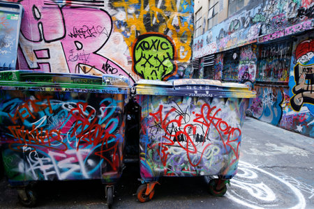 MELBOURNE, AUSTRALIA - JANUARY 25, 2016: Hosier lane street art is one of the major tourists attraction in Melbourne. Hosier lane is famous for its street graffiti arts made by local artists.のeditorial素材