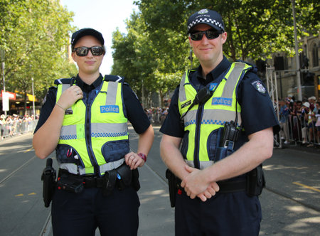 MELBOURNE, AUSTRALIA - JANUARY 25, 2016: Victoria Police Constable providing security during Australia Day Parade in Melbourneのeditorial素材