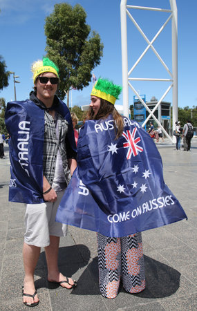 MELBOURNE, AUSTRALIA - JANUARY 23, 2016: Australian tennis fans with flags at Australian Open 2016 at Australian tennis center in Melbourne Parkのeditorial素材