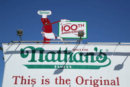BROOKLYN, NEW YORK - MARCH 29, 2016: The Nathan s original restaurant at Coney Island, New York. The original Nathan s still exists on the same site that it did in 1916.のeditorial素材