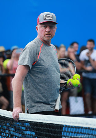 MELBOURNE, AUSTRALIA - JANUARY 27, 2016: Six times Grand Slam champion Boris Becker coaching Novak Djokovic for Australian Open 2016 at Australian tennis center in Melbourne Parkのeditorial素材