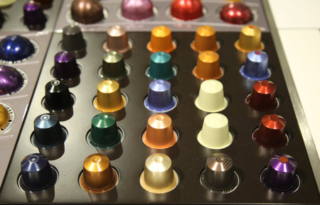 NEW YORK - MARCH 22, 2016: Variety of coffee capsules in Nespresso store in New York. Nespresso is...
