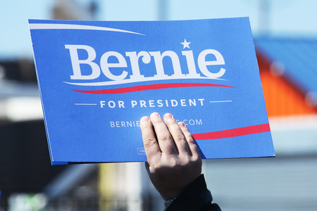 NEW YORK - APRIL 10, 2016: A sign in support of presidential candidate Bernie Sanders during Bernie Sanders rally at Coney Island in Brooklyn, New Yorkのeditorial素材