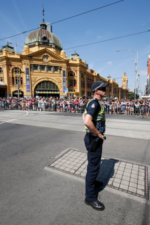 MELBOURNE, AUSTRALIA - JANUARY 25, 2016: Victoria Police Constable providing security during Australia Day Parade in Melbourneのeditorial素材