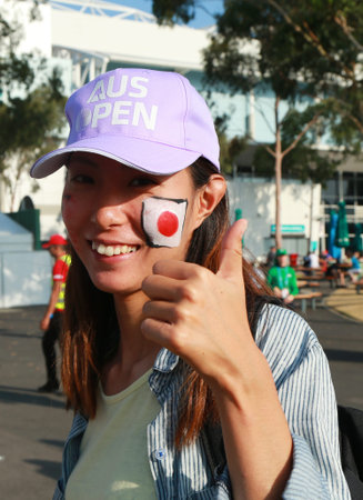 MELBOURNE, AUSTRALIA - JANUARY 28, 2016: Japanese tennis fan at Australian Open 2016 at Australian tennis center in Melbourne Parkのeditorial素材