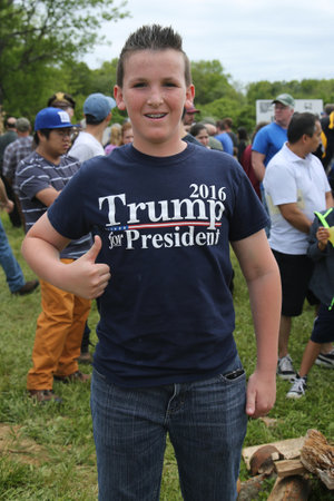 BETHPAGE ,NEW YORK - MAY 22, 2016: Presidential candidate Donal Trump supporter wears t-shirt  with sign Trump 2016 for President. The US presidential election scheduled for Tuesday, November 8, 2016のeditorial素材