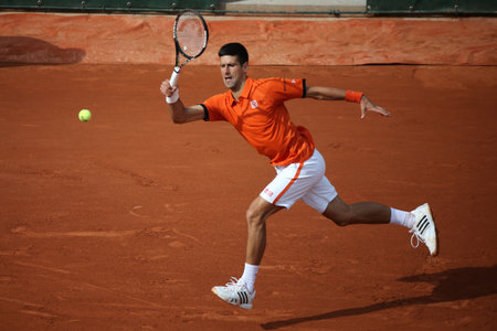 PARIS, FRANCE- MAY 28, 2015: Eight times Grand Slam champion Novak Djokovic during second round match at Roland Garros 2015 in Paris, Franceのeditorial素材