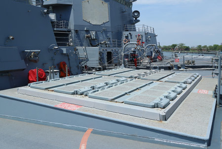 NEW YORK - MAY 26, 2016: Vertical Launching System for Tomahawk missiles on US Navy destroyer USS...