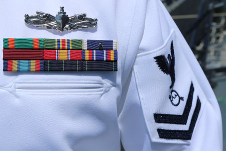 NEW YORK - MAY 26, 2016: US Navy military ribbons on United States Navy Uniform in New Yorkのeditorial素材