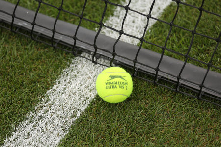 NEW YORK - JULY 21, 2015: Slazenger Wimbledon Tennis Ball on grass tennis court. Slazenger Wimbledon Tennis Ball exclusively used and endorsed by The Championships, Wimbledonのeditorial素材