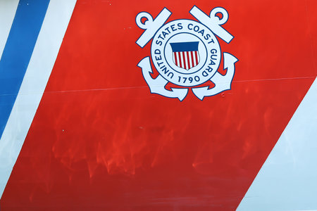 NEW YORK - MAY 26, 2016: United States Coast Guard logo on United States Coast Guard Cutter Forward docked in Brooklyn Cruise Terminal during Fleet Week 2016 in New York.のeditorial素材