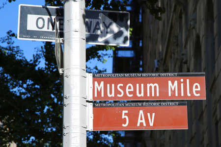 NEW YORK - JUNE 14, 2016: Street Signs along Museum Mile in Manhattan. Museum Mile is the name for a section of Fifth Avenue running from 82nd to 105th streets on the Upper East Sideのeditorial素材