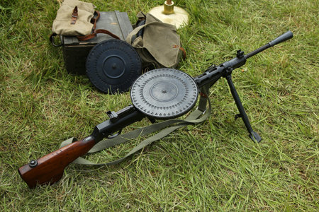 OLD BETHPAGE, NEW YORK - MAY 22, 2016: World War II Soviet Army military memorabilia with Degtyaryov...