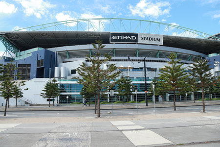 MELBOURNE, AUSTRALIA - JANUARY 31, 2016: Etihad Stadium in the Docklands precinct of Melbourne, Victoria. Etihad Stadium is one of Australia's leading multi-purpose venues hosting up to 55000 fansのeditorial素材