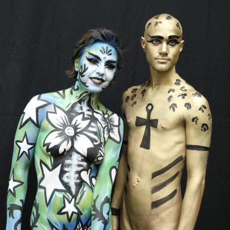 NEW YORK - JULY 9, 2016: Artists paint 100 fully nude models of all shapes and sizes during third NYC Body Painting Day in midtown Manhattan featuring artist Andy Golub in New Yorkのeditorial素材