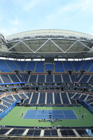 NEW YORK - AUGUST 25, 2016: Newly Improved Arthur Ashe Stadium with finished retractable roof at the Billie Jean King National Tennis Center ready for US Open tournament in Flushing, NYのeditorial素材