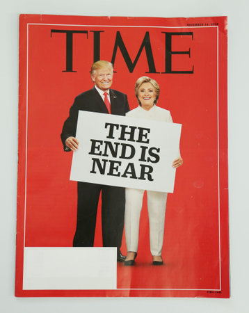 BROOKLYN, NEW YORK - NOVEMBER 13, 2016: Time magazine issued before 2016 Presidential election on display in Brooklyn, New York after Election Day 2016のeditorial素材