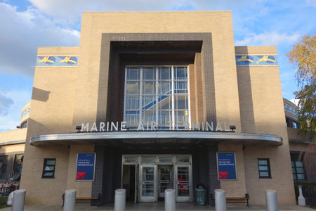 NEW YORK - NOVEMBER 27, 2016: Facade of the Historical Marine Air Terminal at La Guardia Airport in New York. It is an Art Deco building designed in 1939 by William Delanoのeditorial素材