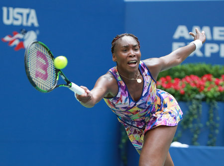 NEW YORK - SEPTEMBER 5, 2016: Grand Slam champion Venus Williams of United States in action during her round 4 match at US Open 2016 at Billie Jean King National Tennis Center in New Yorkのeditorial素材