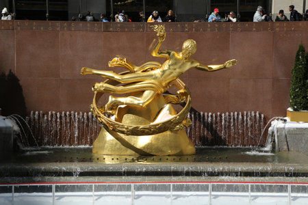 NEW YORK - MARCH 16, 2017: Statue of Prometheus at the Lower Plaza of Rockefeller Center in Midtown Manhattanのeditorial素材