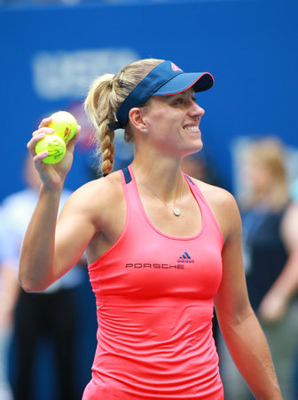 NEW YORK - SEPTEMBER 6, 2016: Grand Slam champion Angelique Kerber of Germany celebrates victory after her quarter final match at US Open 2016 at Billie Jean King National Tennis Center in New Yorkのeditorial素材