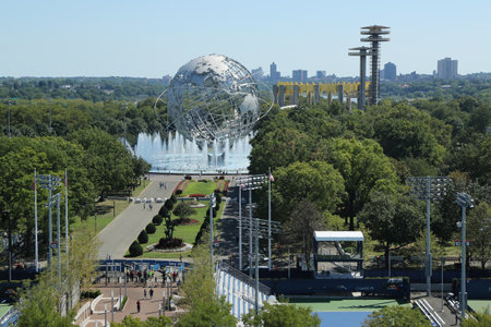 NEW YORK - AUGUST 28, 2016: 1964 New York World's Fair Unisphere in Flushing Meadows Park. It is the world's largest global structure, rising 140 feet and weighing 700 000 poundsのeditorial素材