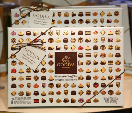 NEW YORK - APRIL 4, 2017: Patisserie Truffles Gift Box by Godiva on display in Macy's Herald Square in Manhattan. Godiva Chocolatier is a manufacturer of premium chocolates founded in Belgium in 1926.のeditorial素材