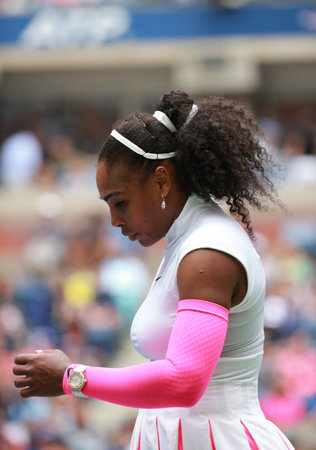 NEW YORK - SEPTEMBER 3, 2016: Grand Slam champion Serena Williams of United States in action during her round three match at US Open 2016 at Billie Jean King National Tennis Center in New Yorkのeditorial素材
