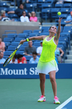 NEW YORK - AUGUST 29, 2016: Professional tennis player Roberta Vinci of Italy in action during her first round match at US Open 2016 at National Tennis Center in New Yorkのeditorial素材