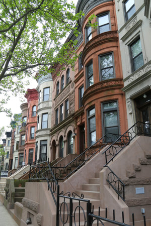 BROOKLYN, NEW YORK - MAY 11, 2017: New York City brownstones at historic Prospect Heights...