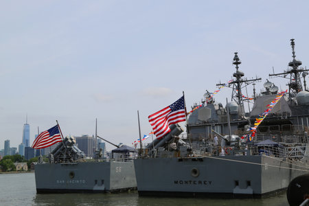 NEW YORK - MAY 28, 2017: US Navy Ticonderoga-class cruisers USS San Jacinto and USS Monterey docked in Brooklyn Cruise Terminal during Fleet Week 2017 in New York.のeditorial素材