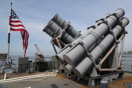 NEW YORK - MAY 28, 2017: Harpoon cruise missile launchers on the deck of US Navy Ticonderoga-class...