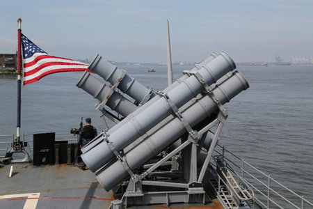 NEW YORK - MAY 28, 2017: Harpoon cruise missile launchers on the deck of US Navy Ticonderoga-class...