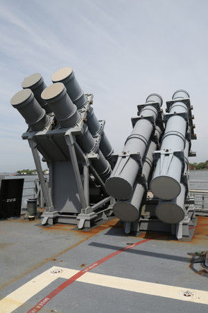NEW YORK - MAY 28, 2017: Harpoon cruise missile launchers on the deck of US Navy Ticonderoga-class cruiser USS San Jacinto during Fleet Week 2017 in New Yorkのeditorial素材