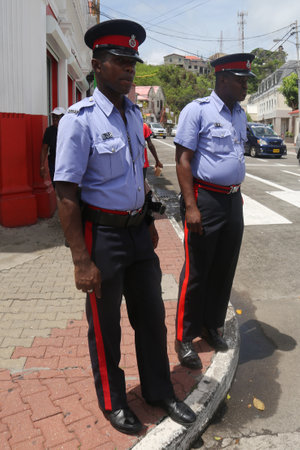 ST. GEORGE'S, GRENADA - JUNE 12, 2017: Royal Grenada Police officers in St. George's, Grenadaのeditorial素材