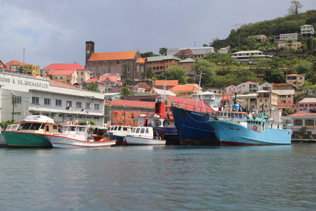 ST. GEORGE'S, GRENADA - JUNE 11, 2017: Fishing boats in St George's Marina, Grenadaのeditorial素材