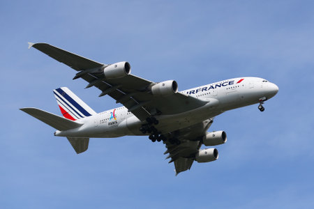 NEW YORK - JUNE 29, 2017: Air France Airbus A380 descending for landing at JFK International Airport in New Yorkのeditorial素材