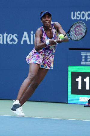 NEW YORK - AUGUST 30, 2016: Grand Slam champion Venus Williams of United States in action during her first round match at US Open 2016 at Billie Jean King National Tennis Center in New Yorkのeditorial素材